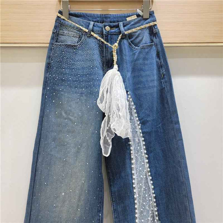 Lace Stitching Rhinestone Jeans