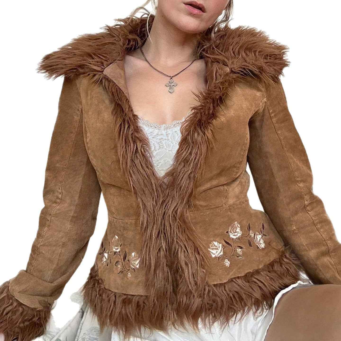 Vintage Fur Collar Coat with Flower Embroidery - Short Warm Design