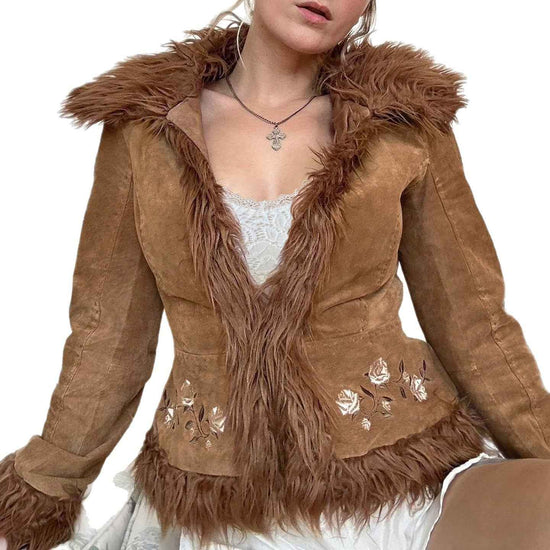 Vintage Fur Collar Coat with Flower Embroidery - Short Warm Design