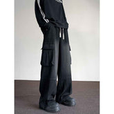 Washed Vintage Denim Wide-Leg Pants for Men with Multi-Pockets
