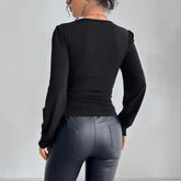 V-neck Lace Stitching Rhinestone Side Pleating T-shirt