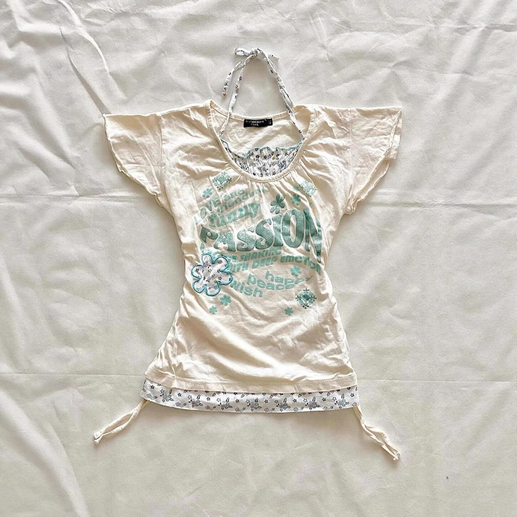 Retro Patchwork T-shirt Short Sleeve Slimming Two-piece Tied Top - Florence Luxe