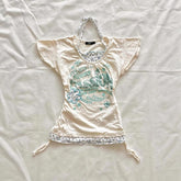 Retro Patchwork T-shirt Short Sleeve Slimming Two-piece Tied Top - Florence Luxe