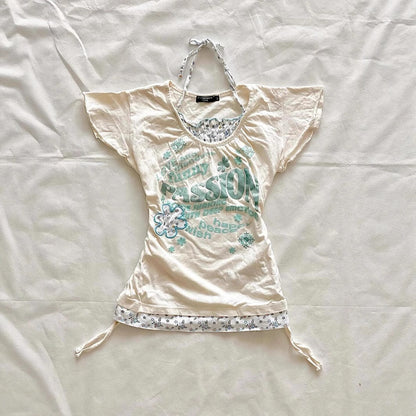 Retro Patchwork T-shirt Short Sleeve Slimming Two-piece Tied Top - Florence Luxe