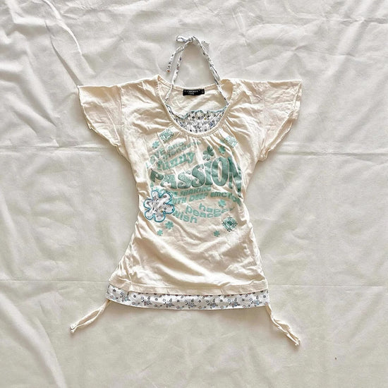 Retro Patchwork T-shirt Short Sleeve Slimming Two-piece Tied Top - Florence Luxe