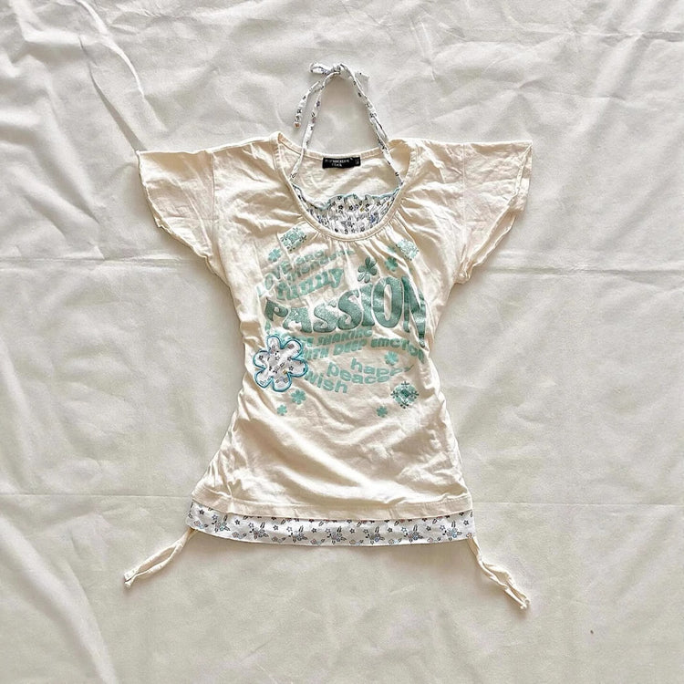 Retro Patchwork T-shirt Short Sleeve Slimming Two-piece Tied Top - Florence Luxe