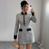 Button Long Sleeve Dress Plaid Women&