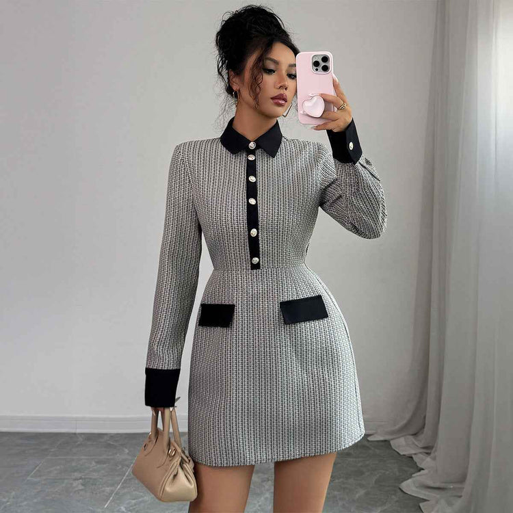Button Long Sleeve Dress Plaid Women&