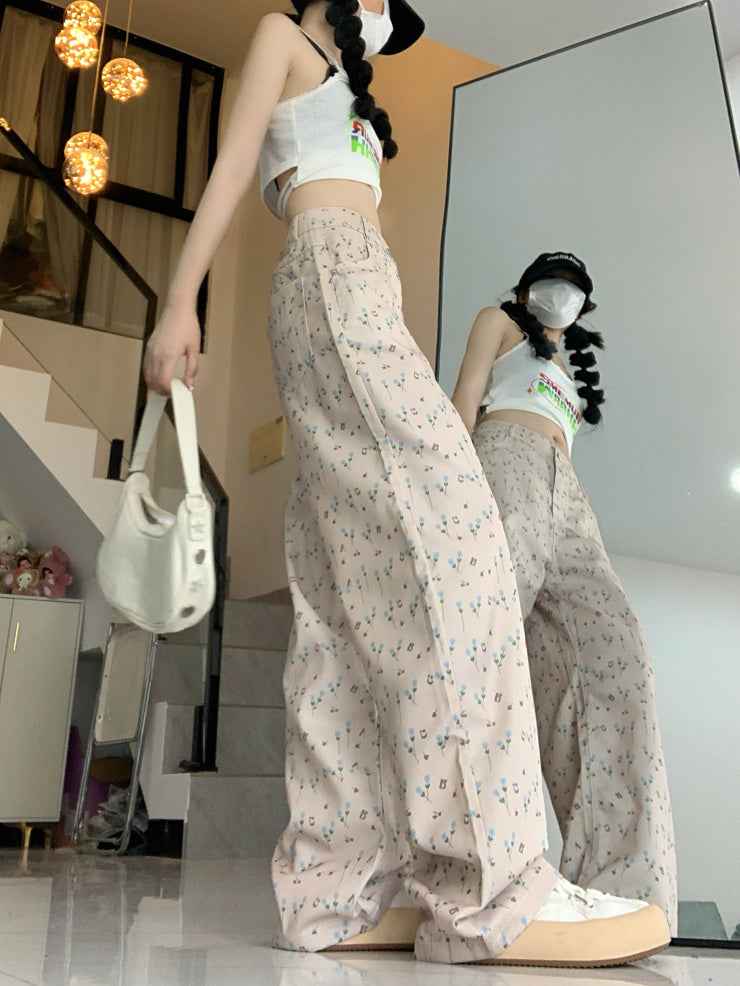 Fashion American Hong Kong Floral Jeans for Women - Stylish Wide Leg Design for Comfort and Versatility