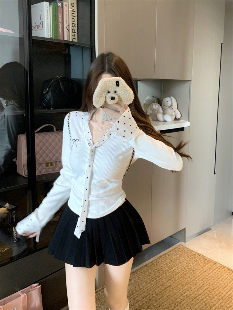 Polka Dot Patchwork Long Sleeve T-Shirt for Women - Florence Luxe