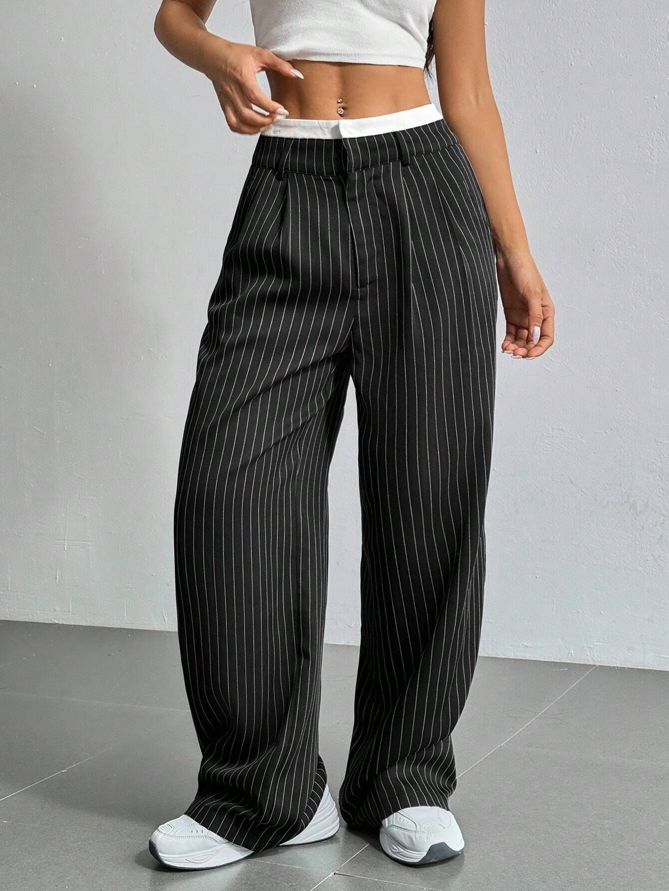 Stripe Printed Trousers Fashion High Waist Straight Leg Pants With Pocket Zipper Casual Suit Pants For Women - Florence Luxe