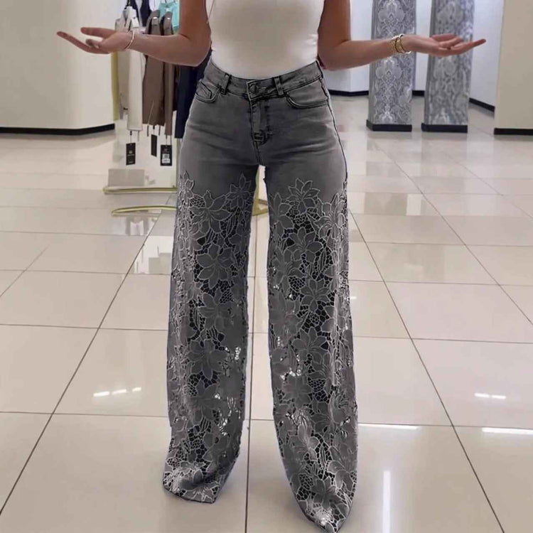 Y2K Lace Flowers Jeans High Waist Straight Wide Leg Pants for Women