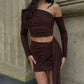 New Oblique Shoulder Long-sleeved Outfit with Slim-fit Pleated Ribbon Hip-wrapped Skirt - Florence Luxe