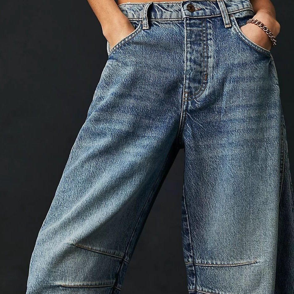 High Stretch Mid-Rise Barrel Denim Jeans.