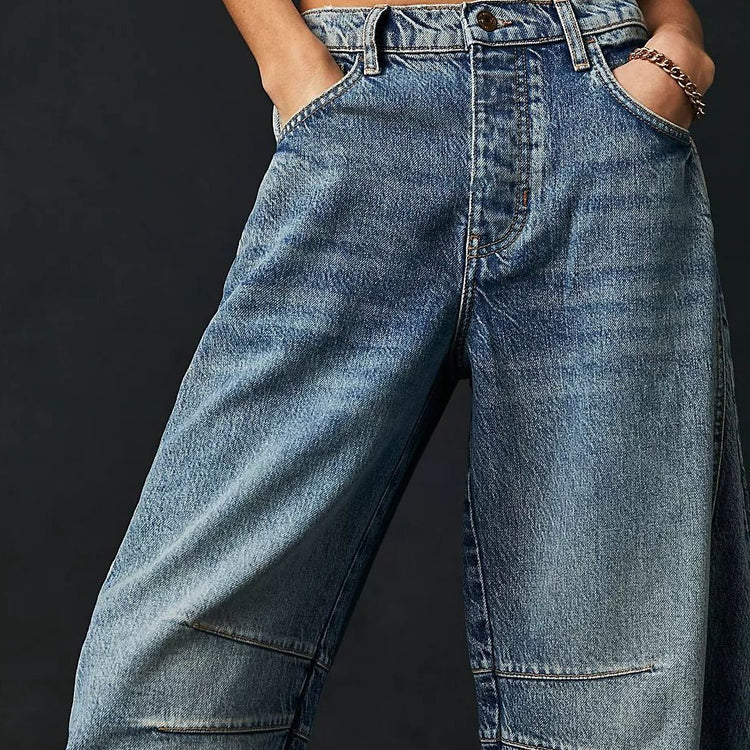 High Stretch Mid-Rise Barrel Denim Jeans.