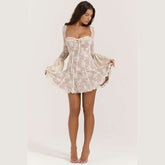 Lace Collar Dress with Square Design and Bell-Bottom Long Sleeve Tied A-Line for Women - Florence Luxe