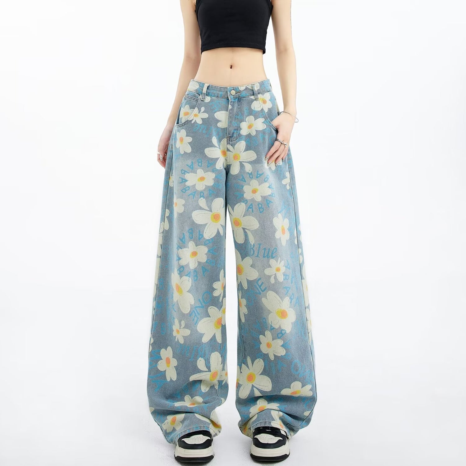 New Summer Floral Wide-Leg Jeans for Women - Washed Printed Style - Florence Luxe
