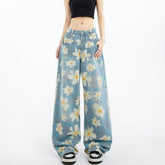 New Summer Floral Wide-Leg Jeans for Women - Washed Printed Style - Florence Luxe