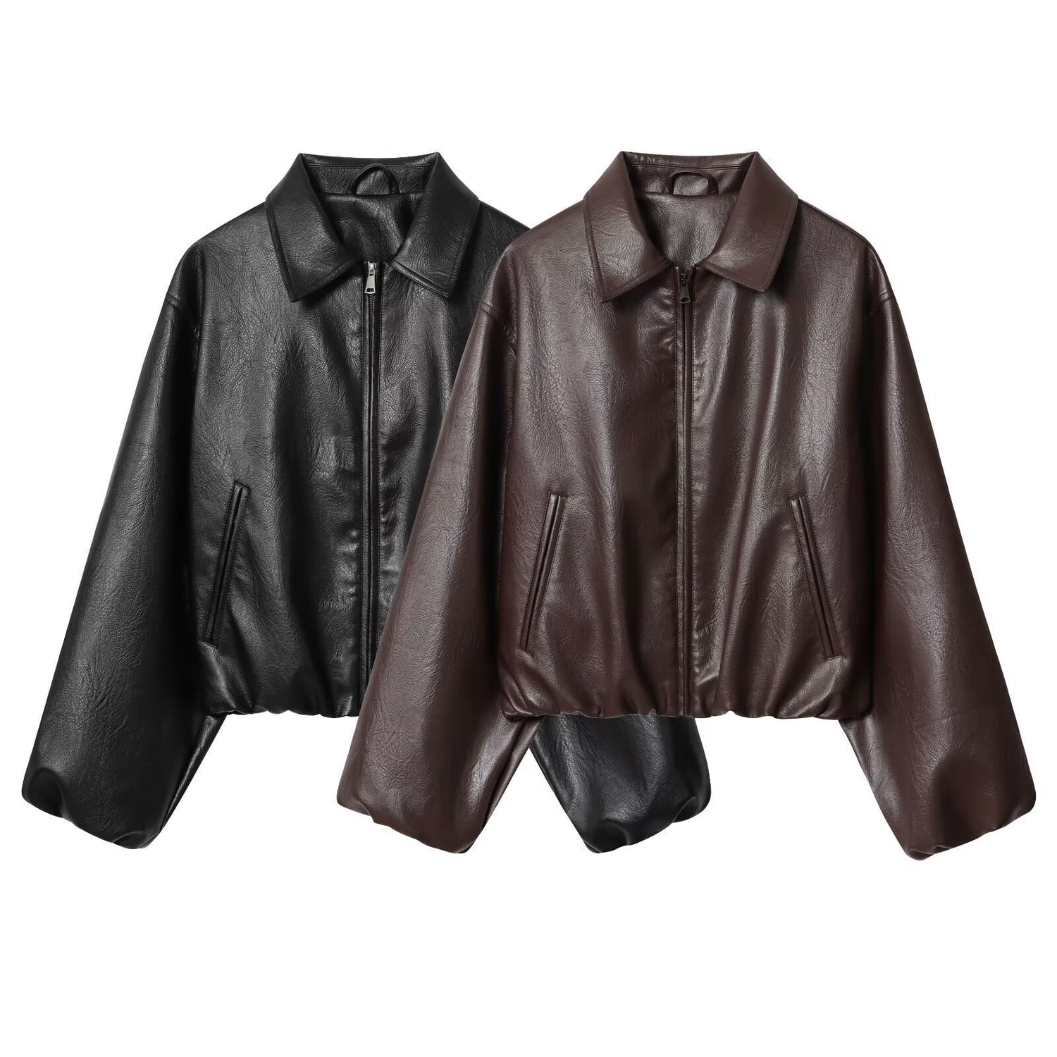 Lapel PU Zipper Jacket - Long Sleeve Baseball Uniform Jacket - Florence Luxe