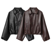 Lapel PU Zipper Jacket - Long Sleeve Baseball Uniform Jacket - Florence Luxe