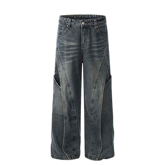 American Retro Wide Leg Jeans Men - Heavy Industry Deconstruction Stitching
