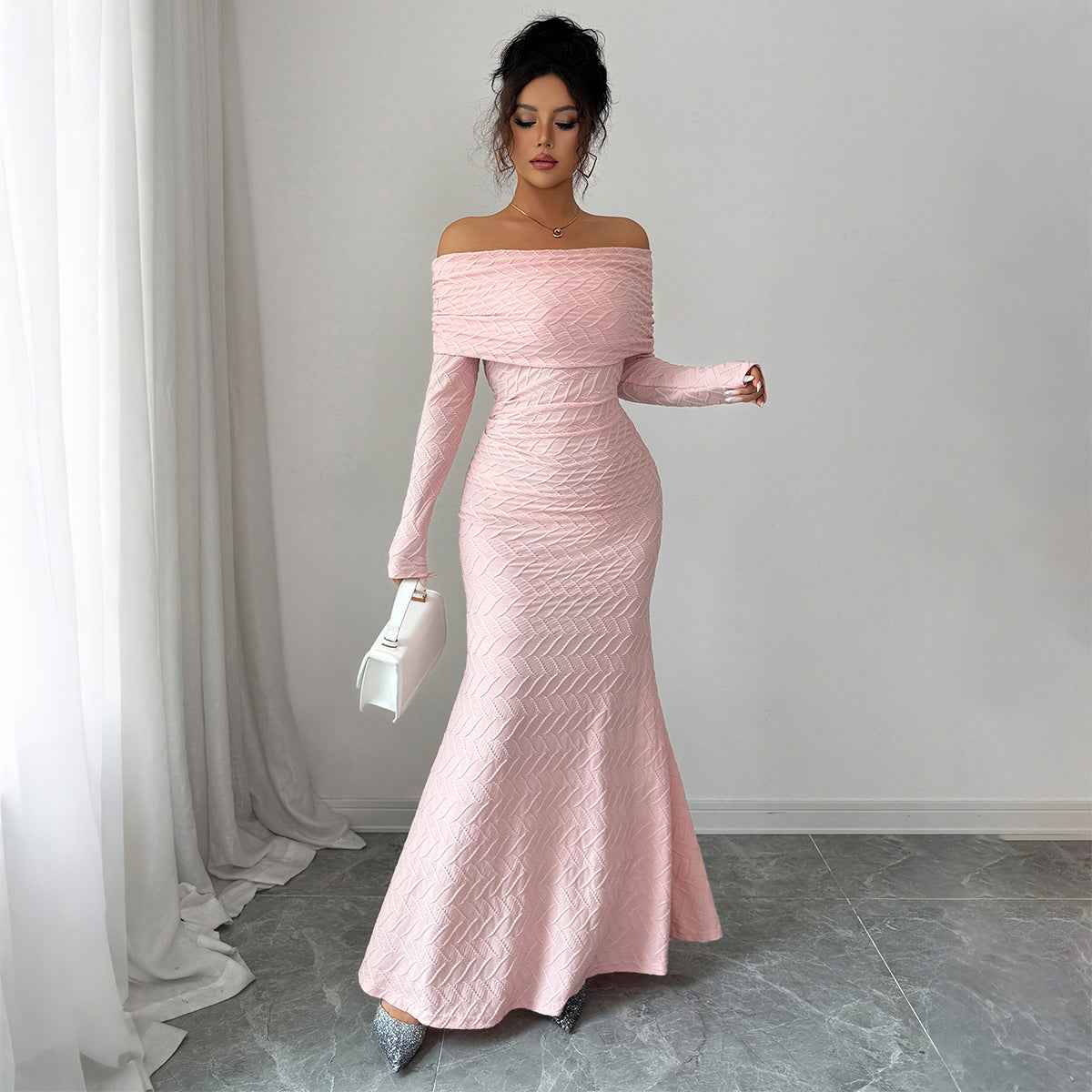 Elegant Simple Off-shoulder Long Sleeve Dress Women&