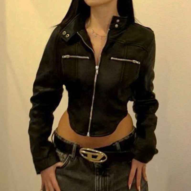 Stand-up Collar Slim Fit Jacket with Short Zipper