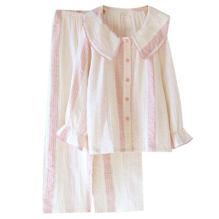 Contrast-color Doll Collar Long-sleeved Trousers Homewear Suit.