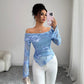 New One-shoulder Trumpet Sleeve Asymmetric Hem Embroidery Versatile Stylish Top