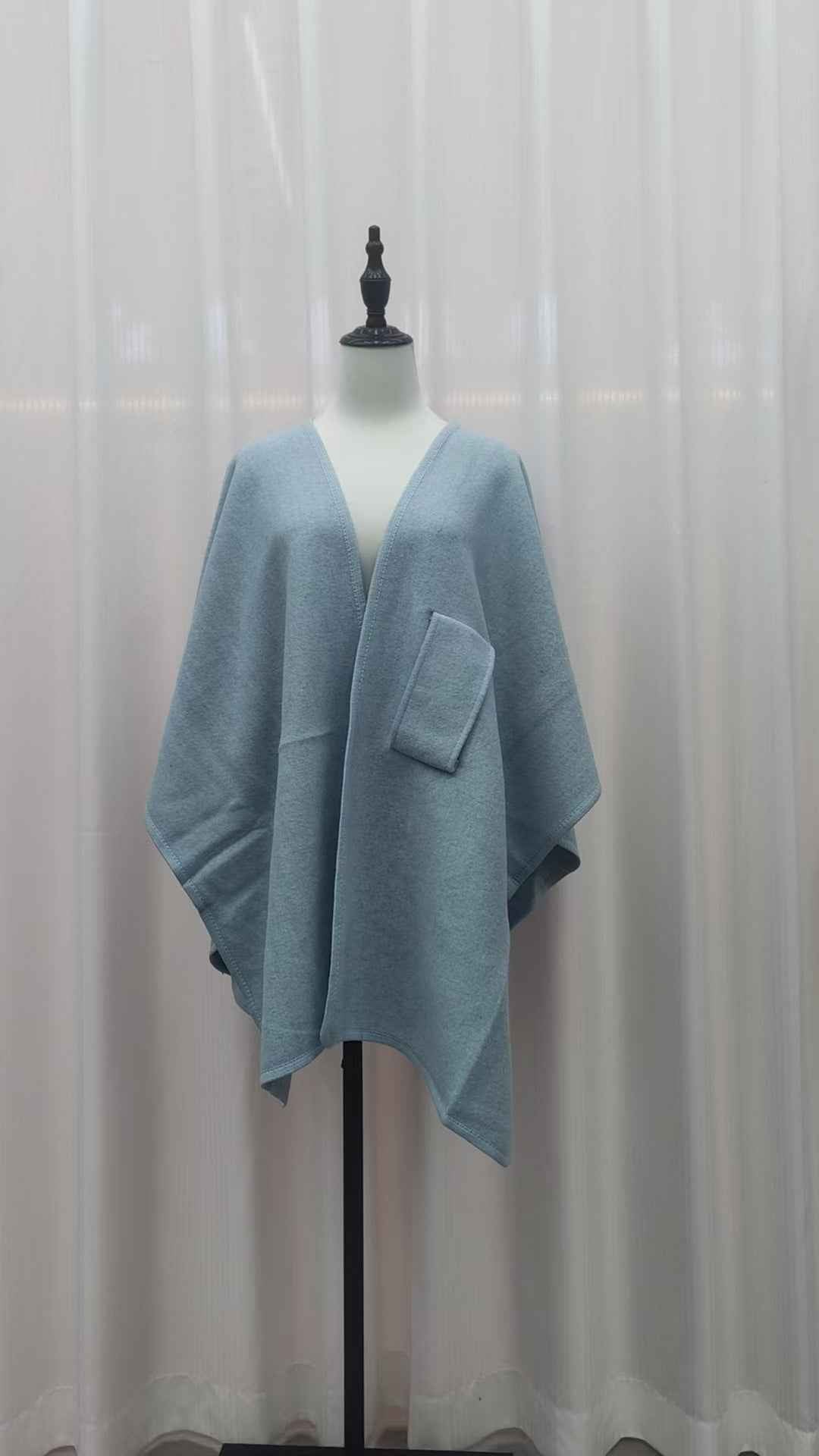 Fur Collar Knitted Cardigan Cape and Shawl with Fur Ball Detail