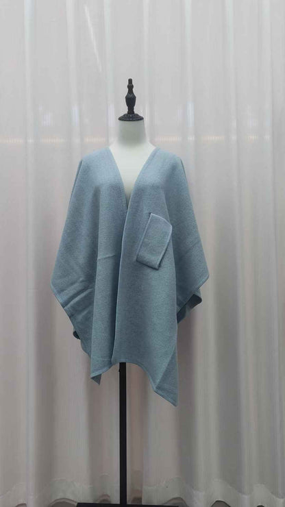 Fur Collar Knitted Cardigan Cape and Shawl with Fur Ball Detail