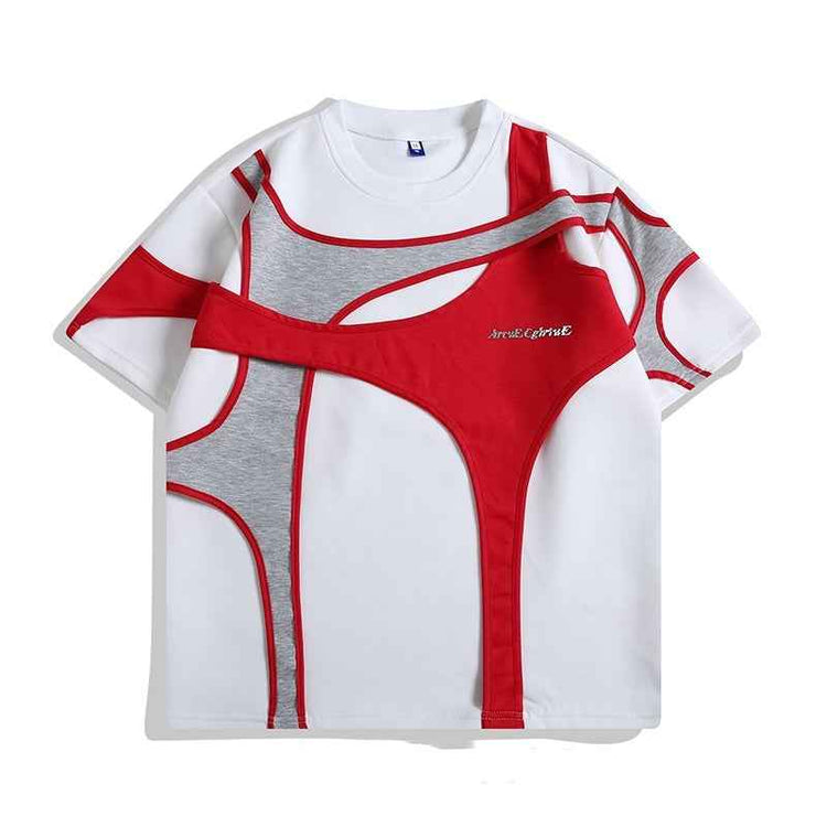 Double-Layer Padded Shoulder T-Shirt with Short Sleeves and Stitching Detail