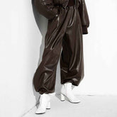 Leather Ankle-Tied Bloomers Loose PU Leather Pants Trousers