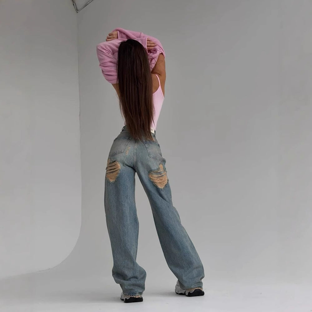 Retro Ripped High Waist Jeans with Mop Back Design - Embrace Vintage Style - Florence Luxe