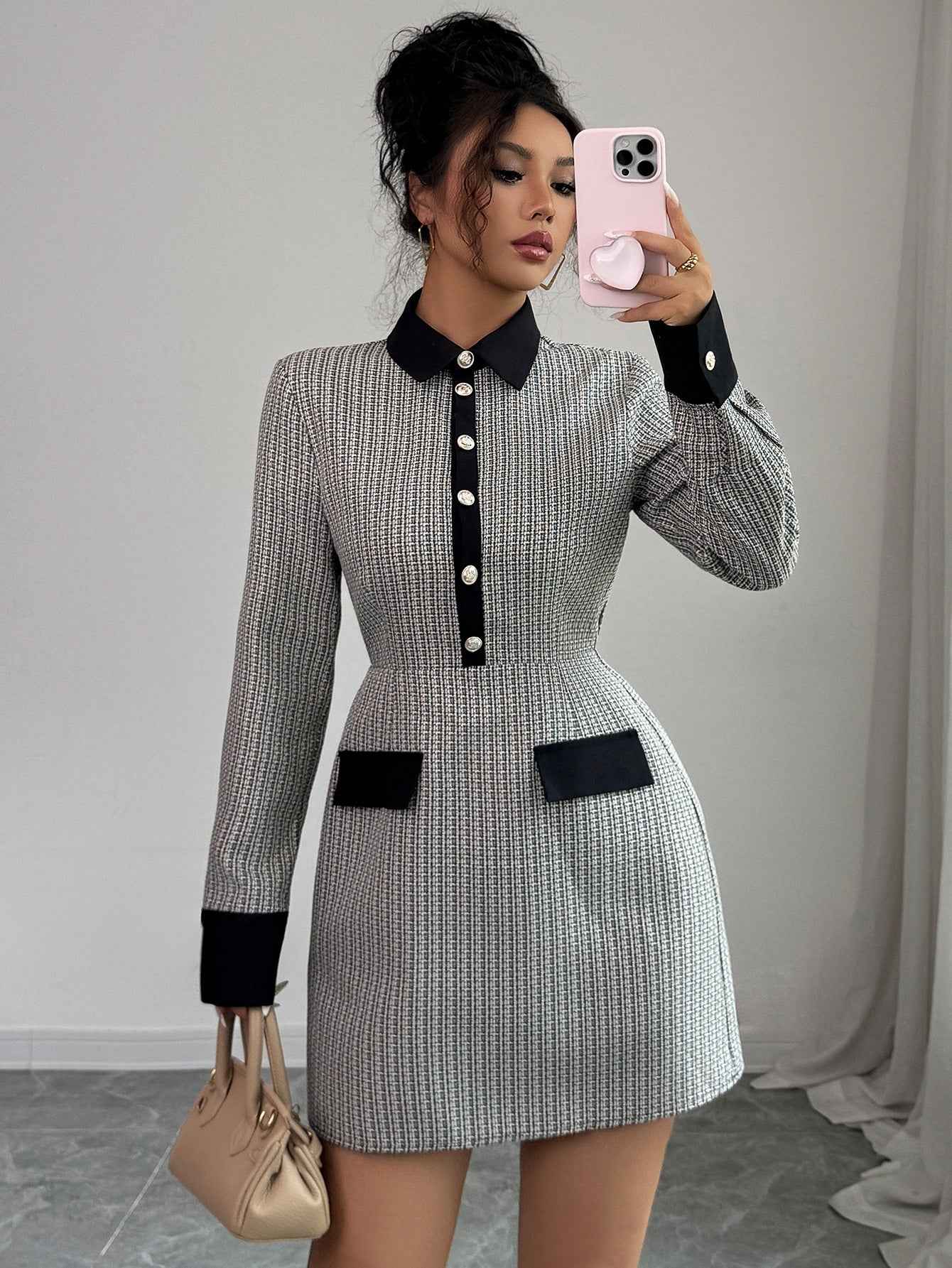Button Long Sleeve Dress Plaid Women&