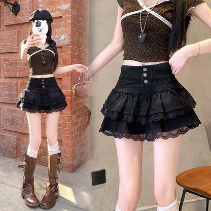 Pure Hot Girl Style Double-layer Lace Ruffled Denim Skirt Women - Florence Luxe