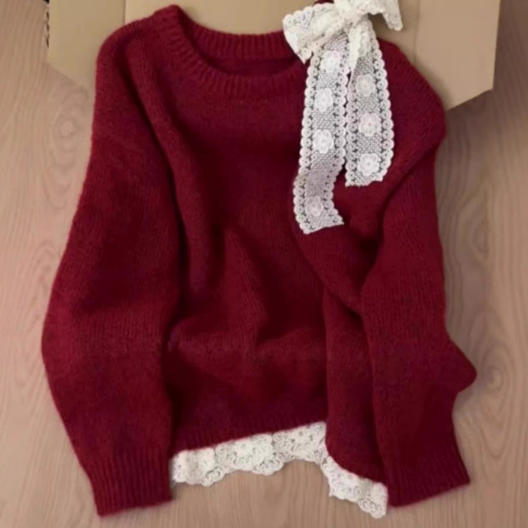 High-grade Lace Red Off-the-shoulder Sweater - Florence Luxe