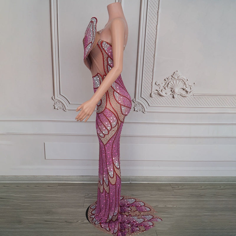 High-grade Rose Red Fishtail Skirt with Three-dimensional Feather Sequins - Florence Luxe