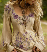 Grass Flower Embroidered Linen Shirt – Elegant & Eco-Friendly Style - Florence Luxe