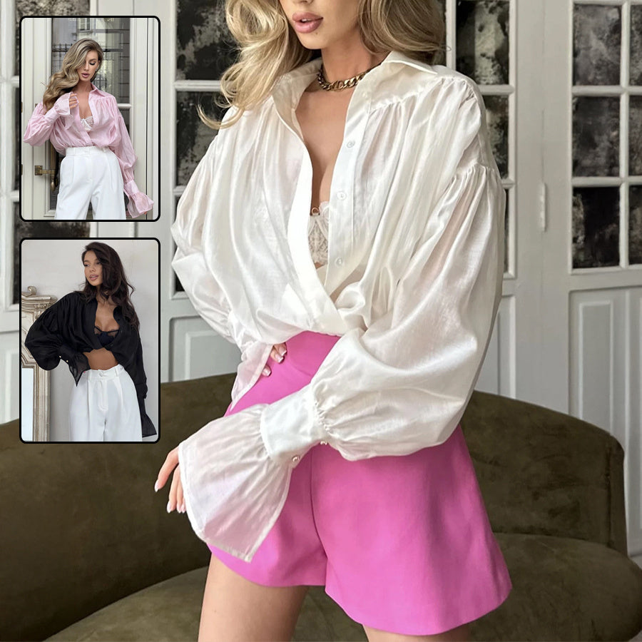 Ins French Lantern Sleeve Shirt Fashion Button Lapel Long Sleeved Tops Casual Women&