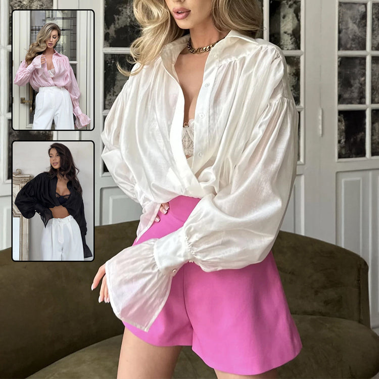 Ins French Lantern Sleeve Shirt Fashion Button Lapel Long Sleeved Tops Casual Women&