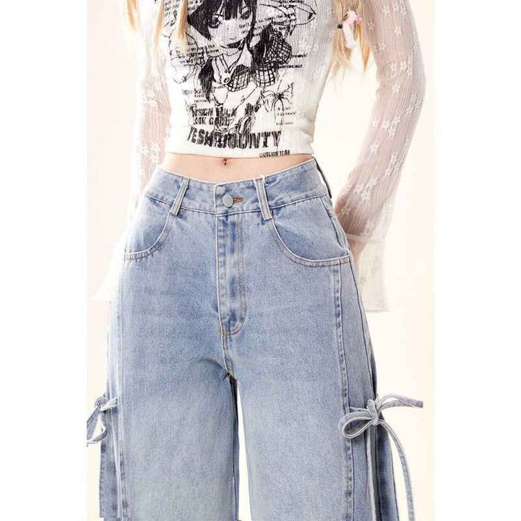 Bow Bandage Jeans for Women Loose-Fitting Wide-Leg Trousers Stylish and Comfortable