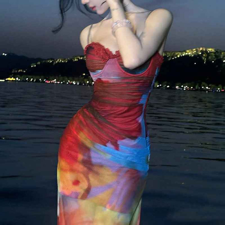 New Casual Painted Print Sheath Dress for a Stylish Slim-fit Look