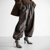 Leather Ankle-Tied Bloomers Loose PU Leather Pants Trousers
