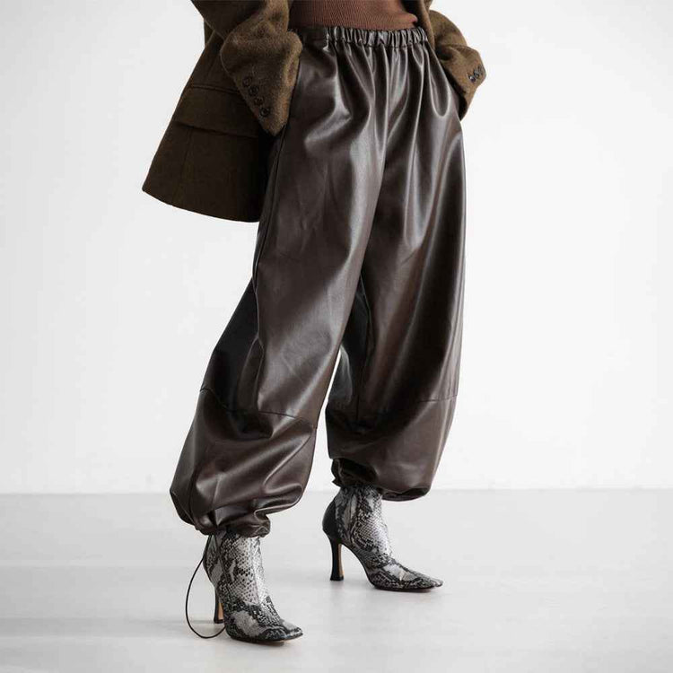 Leather Ankle-Tied Bloomers Loose PU Leather Pants Trousers