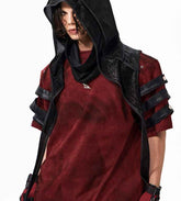 Dark Leather Patchwork T-Shirt in Dirty Dyed Red