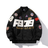 Racing Suit Motorcycle Jacket with Embroidered Baseball Design - Florence Luxe