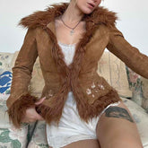 Vintage Fur Collar Coat with Flower Embroidery - Short Warm Design