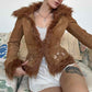 Vintage Fur Collar Coat with Flower Embroidery - Short Warm Design