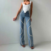 Rhinestone Loose Straight Leg Jeans for Women - Fashionable Casual Pants with Stylish Denim Design